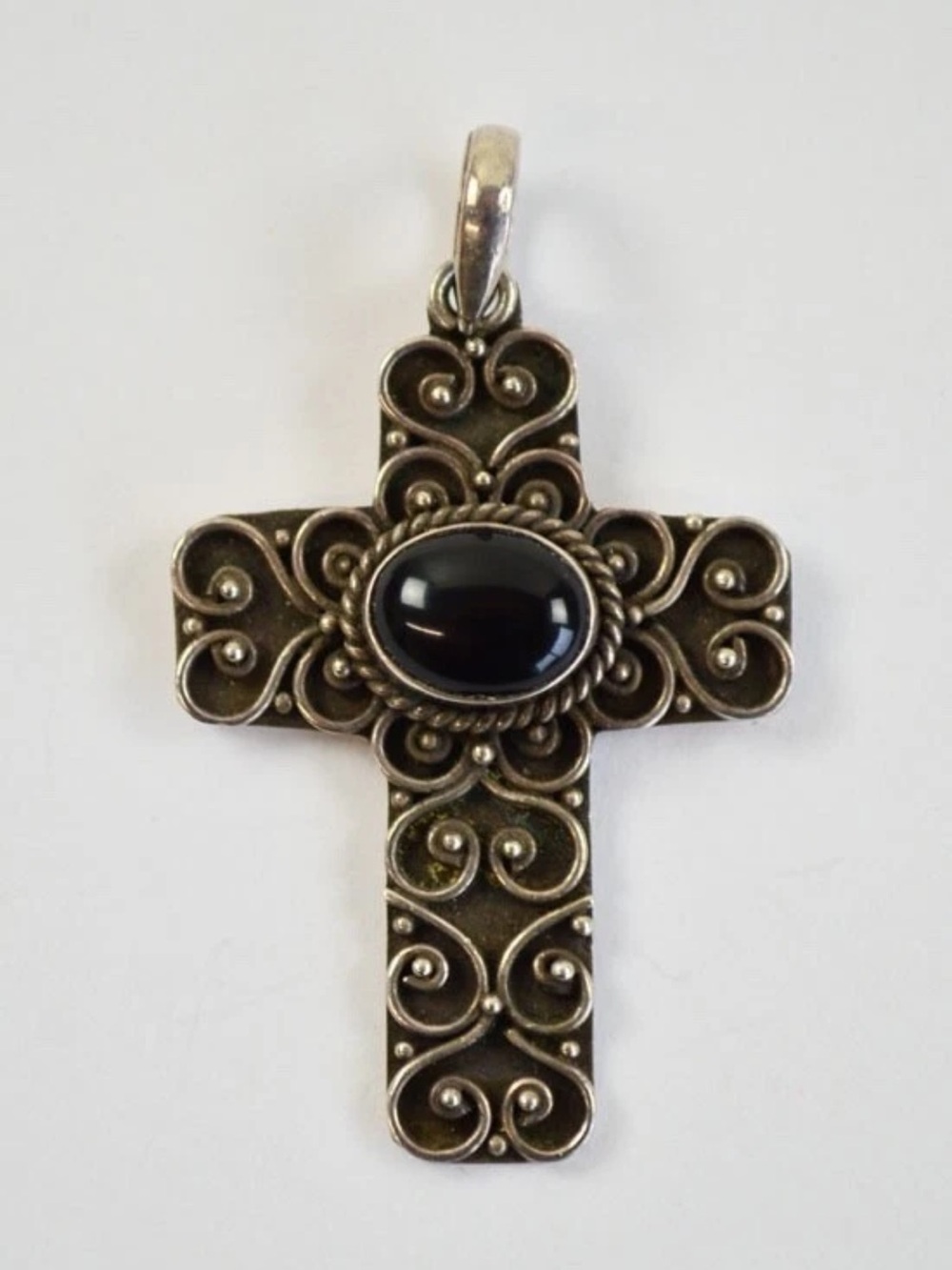 Vintage Sterling-925 Filigree Cross Pendant with Black Cabochon